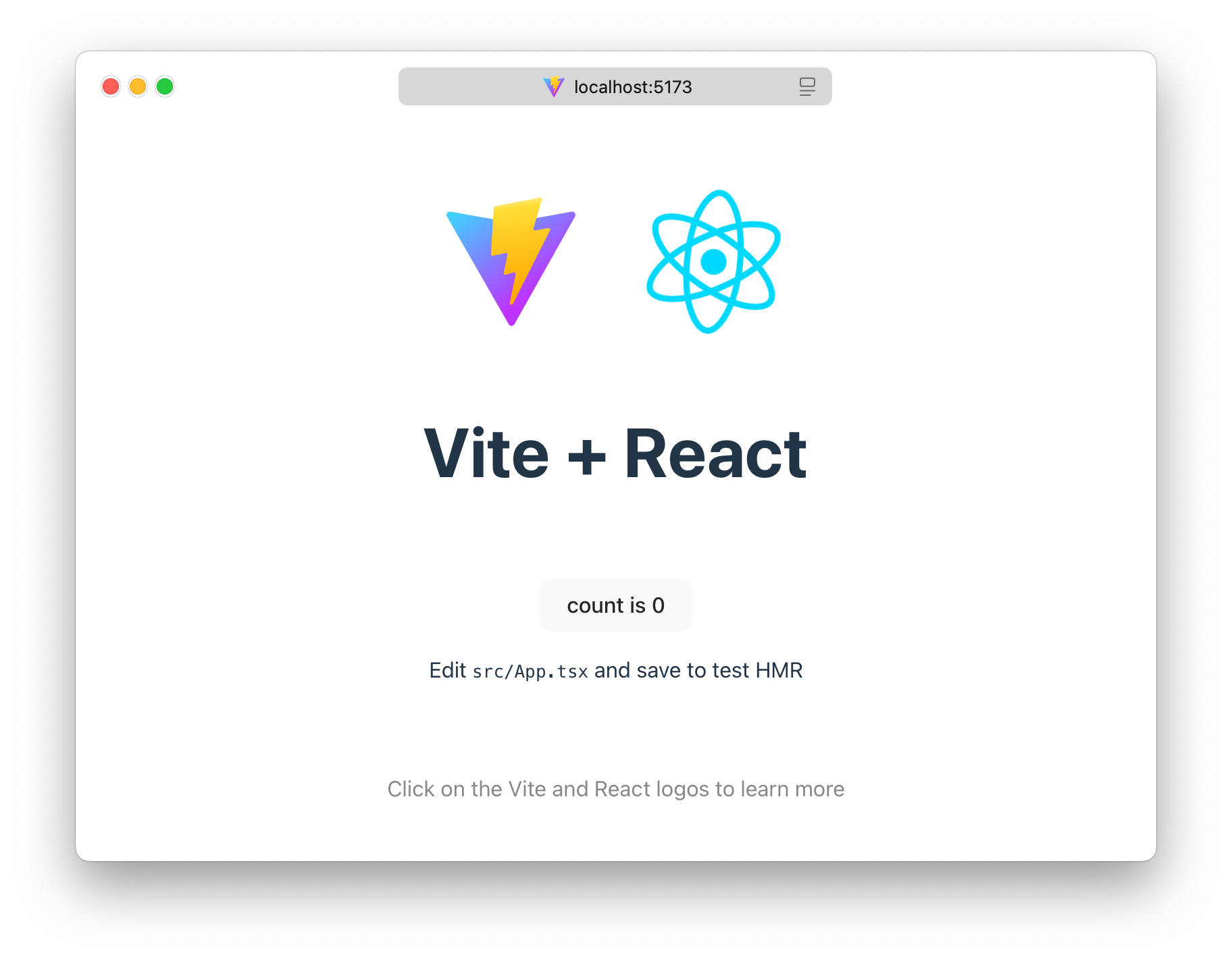ViteとReactのロゴが表示された、カウントが0のVite + Reactスターターページ